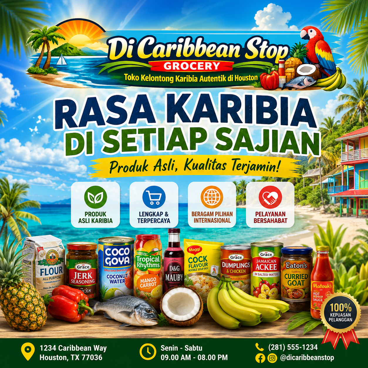 Interior toko kelontong Karibia dengan berbagai produk segar